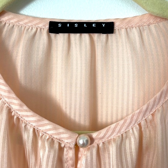 SISLEY | Women’s Peach Striped Puff Sleeve Keyhole Fitted Side Zipper Blouse S - Picture 4 of 9